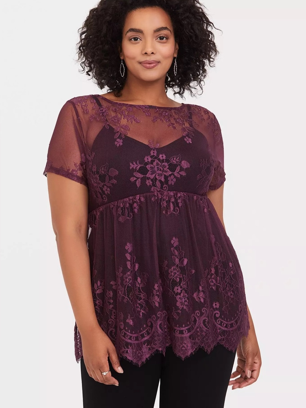 Torrid 1X Babydoll Sheer Mesh Lace Crew Neck Top